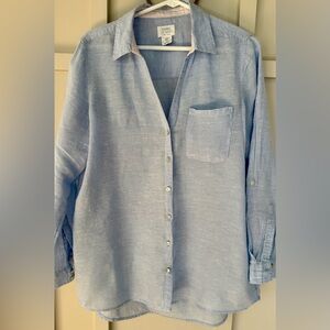 Sigrid Olsen 100% Linen Shirt Women Size S Blue Button Up Pocket Roll Tab Sleeve